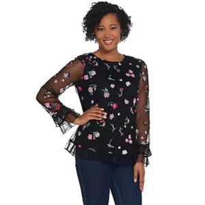 Du Jour medium sheer sleeve floral black embroidered top with ruffle hem